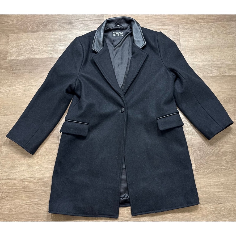 Straight To Hell Black Wool Coat Faux Leather Collar Longline XXL Goth Emo Punk